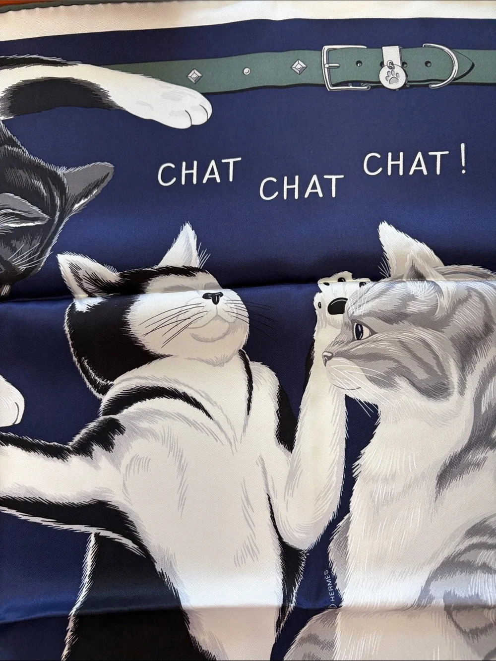Hermes Navy Cat Print Silk Scarf with Green Border and Black, White Cats